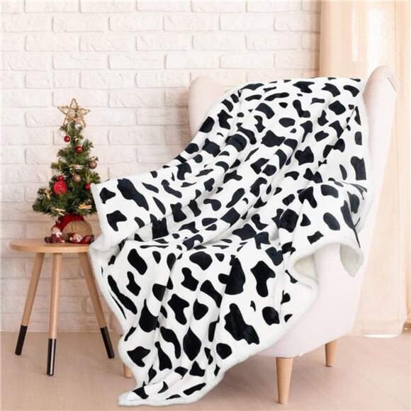 Cow Print Sherpa Fleece Blanket,Super SoftPlush Throw Blanket for Couch,Cow Gift - Picture 6 of 8